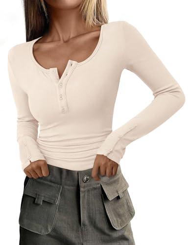 PRETTYGARDEN Women's 2025 Summer Long Sleeve Henley T Shirts Ribbed Knit Button Slim Fitted Basic Casual Going Out Fall Tops (Beige,Small)
