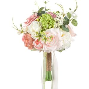 8.6in Blush Wedding Bouquets for Bride Bridesmaid, Pastel Pink White Green Bouquet Artificial Fake Silk Roses Flowers for Wedding Spring Garden Boho Rustic Decoration Toss Bouquet