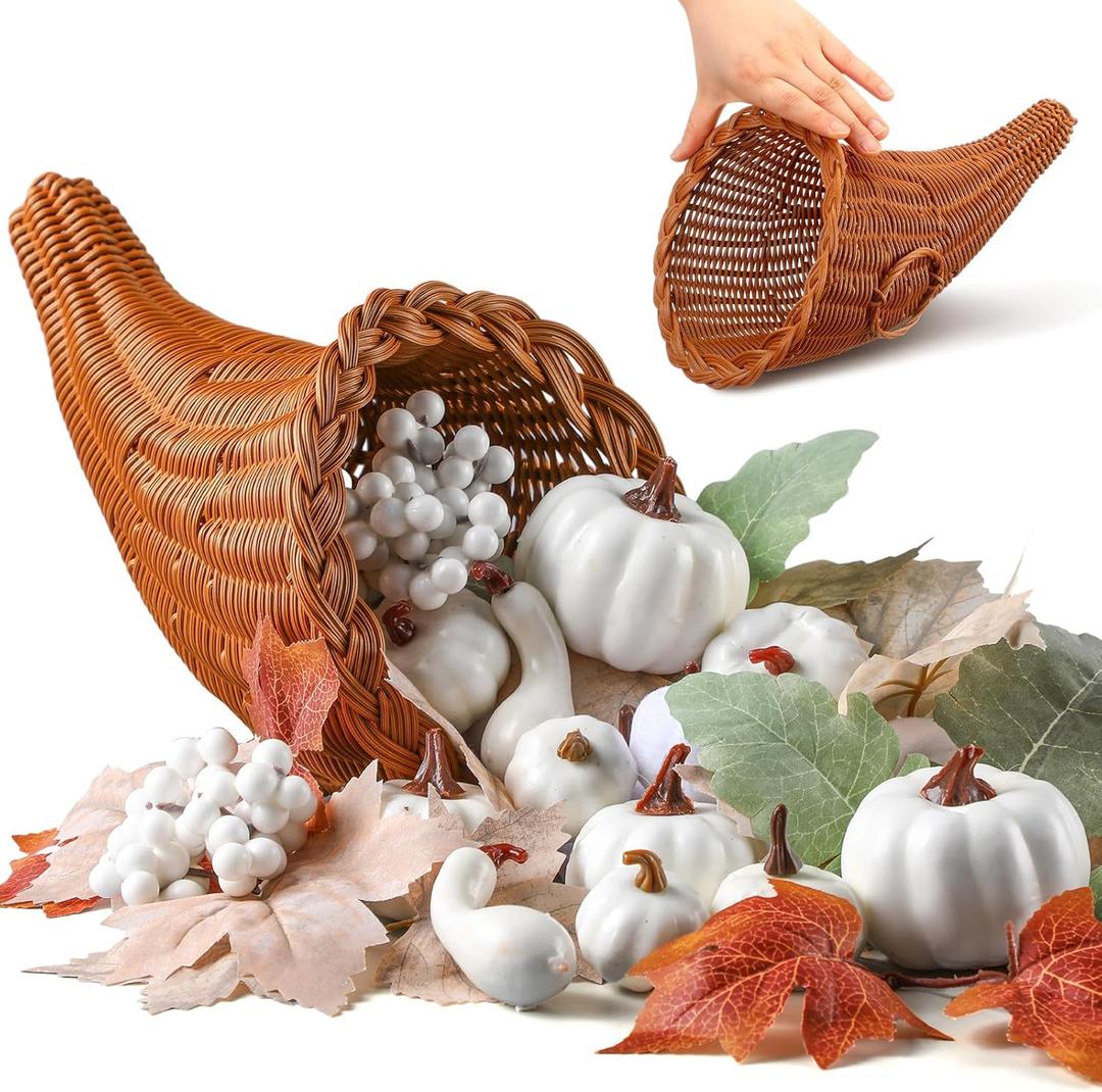 Thanksgiving Cornucopia Basket Set Fall Table Centerpieces 13.78'' Thanksgiving Large Cornucopia Horn of Plenty Harvest Decorations with 100 Pcs Artificial Leave Acorn Pumpkin for Table Home(Neutral)