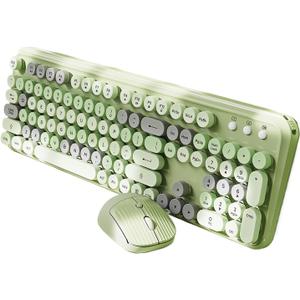 2.4G Wireless Keyboard and Mouse Combo Aesthetic Typewriter Style Membrane Silent 105-Key Full Size Colorful Retro Round Keycaps Ergonomic for Win/Mac/Office/Gaming, AA/AAA Batteries, Green