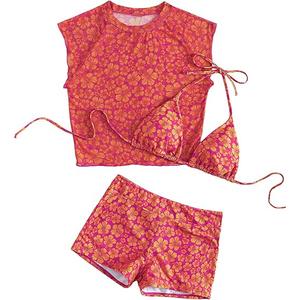 SOLY HUX Women's Floral Print Halter Top and Shorts Bikini Bathing Suits 3 Piece Swimsuit with Cover Up Top, L