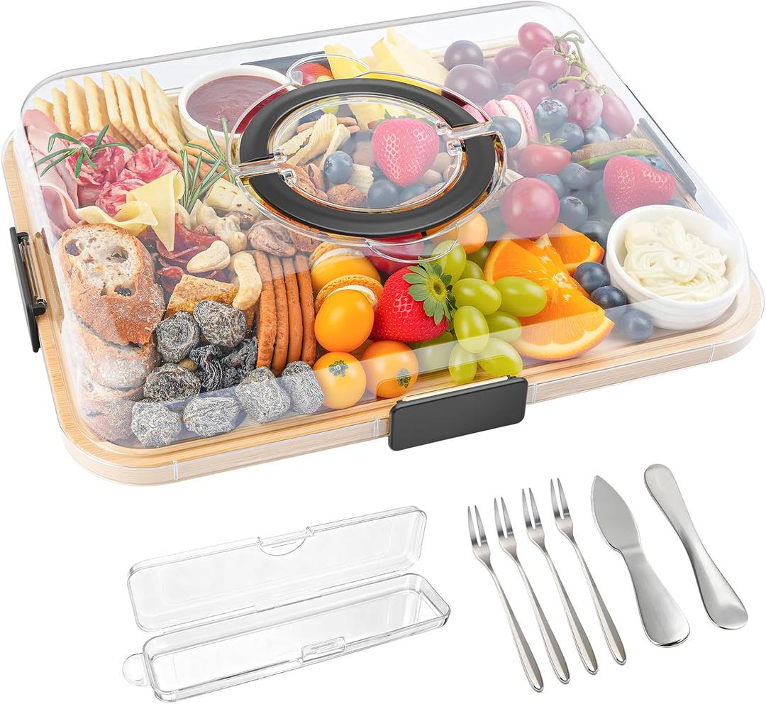 Charcuterie Board Set with Lid, Travel Portable Design Bamboo Cheese Board, Gift for Housewarming, Christmas, Weddings, Picnics (1 Compartment)