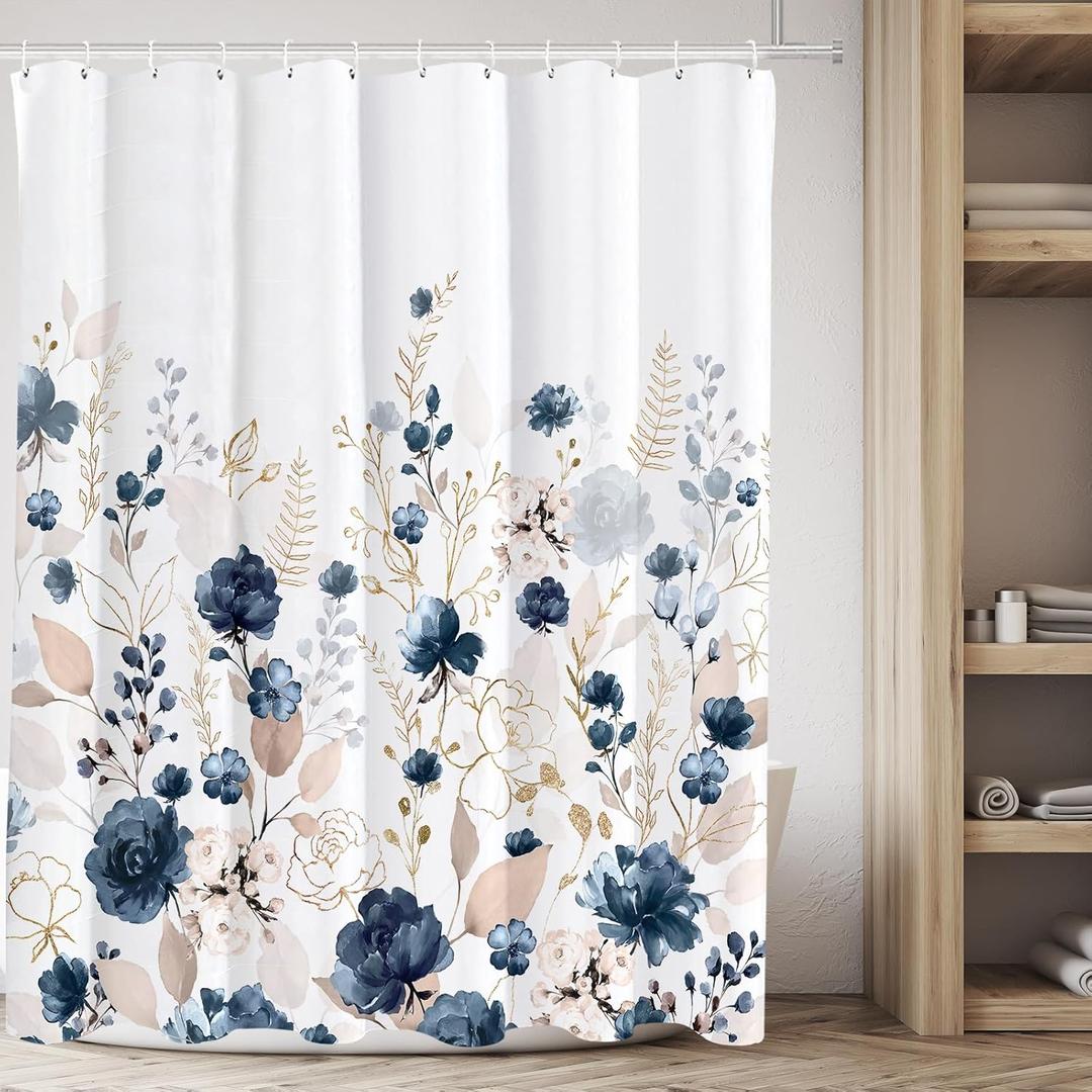Tititex Aesthetic Navy Blue Floral Shower Curtain Sets, Watercolor Gold Flowers Leaves Bathroom Decorative 71x71 Inch Polyester Waterproof Fabric Bath Curtain with Hooks