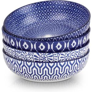 Selamica Ceramic 30 Ounce Pasta Bowls set of 4, 8 inch Serving Bowl Wide and Shallow Microwave Dishwasher Safe, Vintage Blue