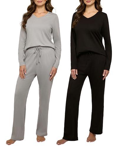 Real Essentials 2 Pack Women's Soft Cotton Long Sleeve Pajama Set with Pants - Lounge Sets for Women, Grey, Black, Size L