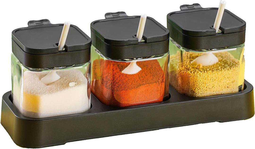 WANYISHUN Condiment Jar Spice Container with Lids and Spoons, Kitchen Spice Pot Set of 3, 11oz Clear Glass Condiment Pot with Tray, Kitchen Salt Pepper Sugar Storage Container Jar (Black, 300ml)