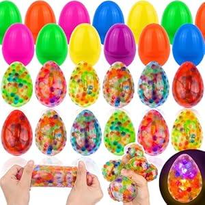 12 Pack Easter Egg Fillers with 12 Light Up Egg Shaped Fidget Stress Balls, Squeeze Stress Relief Toys Filled Easter Eggs Hunts Party Favors, Easter Basket Stuffers for Kids Toddler Teens Boys Girls