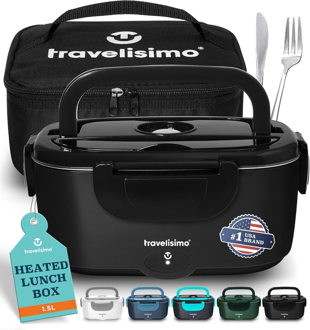 TRAVELISIMO Electric Lunch Box for Adults 100W Heated Lunch Box For Men 1.5L Stainless Steel Portable Food Warmer, 12/24/110V for Travel & Work, Loncheras Electricas Para Calentar almuerzo (Black)