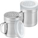CUSINIUM Metal Salt Pepper Dredge Shakers - With Handle - Seasonings Spice Shakers With Holes and Lids - 10 Ounce, 2pcs | Style: Medium (Silver)