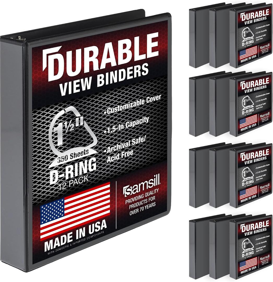 Samsill Durable 1.5 inch 3 Ring Binder, D Ring Binder, 100% Recycled Chipboard, Black, 12 Pack