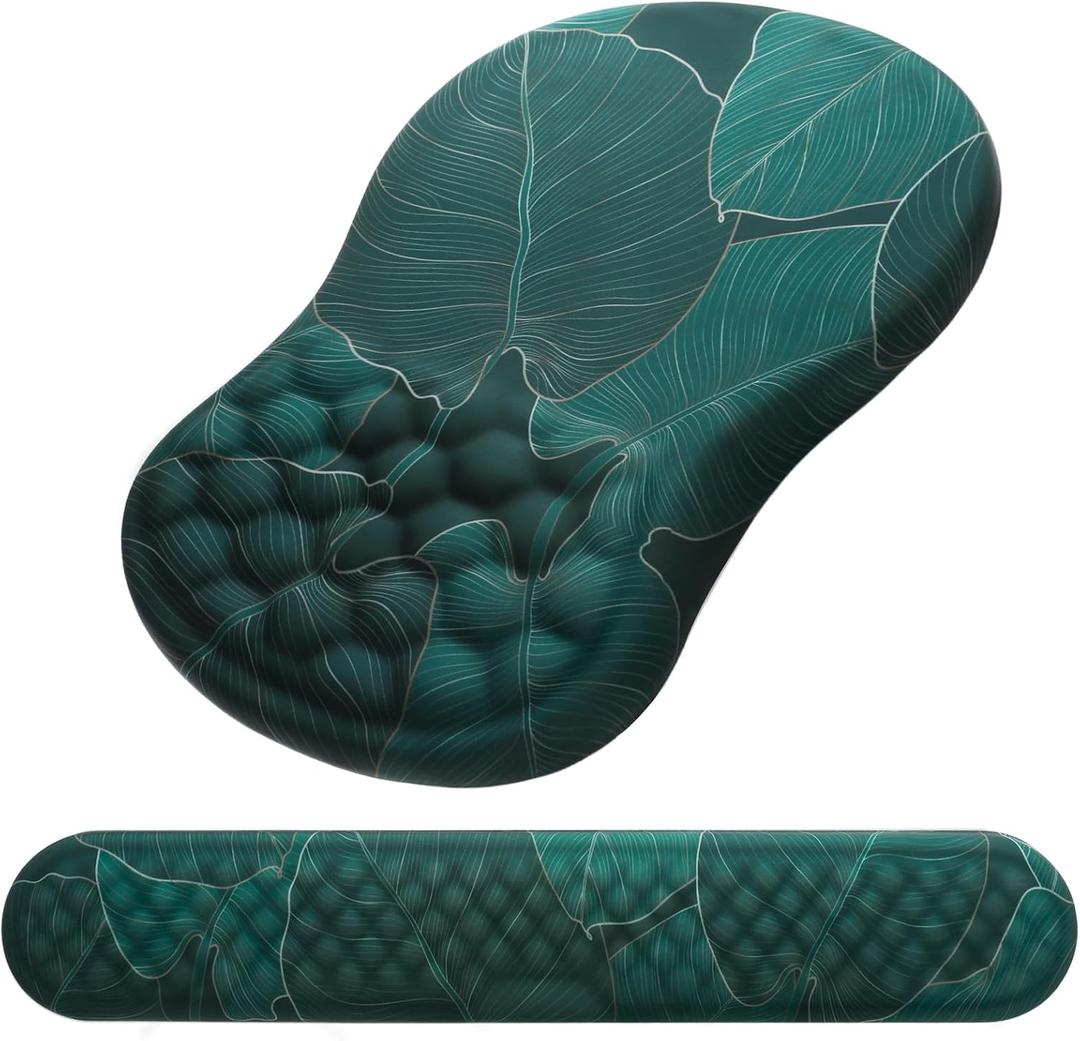Mouse Pad Wrist Support, Laokiiy 2 in1 Keyboard Wrist Rest+ Ergonomic Mouse Pad, Non-Slip Wrist Rest for Computer Keyboard, Made Easy Typing & Relieve Wrist Pain Banana Leaf Green