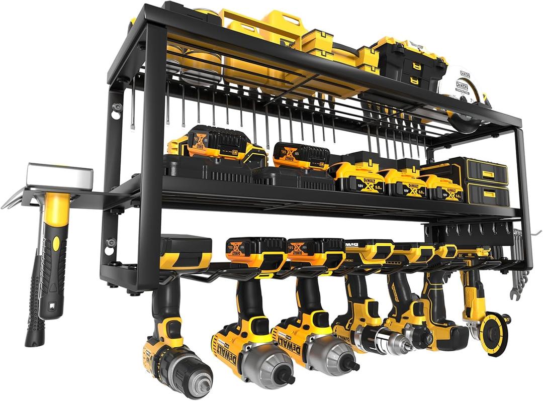 Heavy Duty Power Tool Organizer Wall Mount, Storage Rack for Garage Organization, Cordless Drill Holder and Battery Shelf, Metal Tool Organizers with Charging Station (Large)