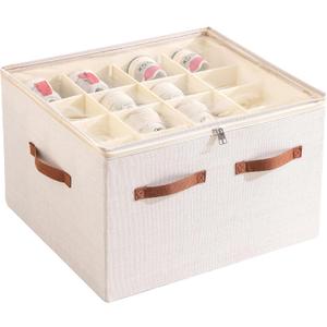 Shoe Organizer for Closet, Foldable Large Shoe Storage Box with Clear Cover, Removable Partitions and Bottom are Supported by Plastic Boards (Beige, 20.5“Lx16.9 Wx13'H) 2 PACK