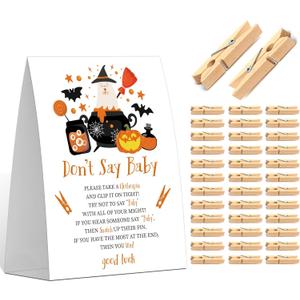 Halloween Don't Say Baby Clothespin Game, Baby Shower Game, Include One 57 Sign and 50 Mini Natural Clothespins, A Little Boo Gender Reveal Party Decoration Supplies - FD03