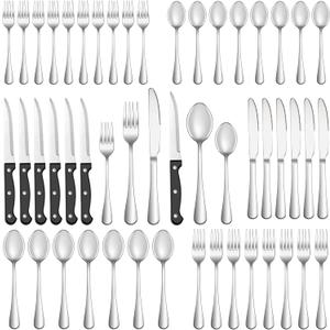 48 Pcs Silverware Set with Steak Knives Service for 8,Stainless Steel Flatware Set,Mirror Polished Cutlery Utensil Set,Home Kitchen Eating Tableware Set,Include Fork Knife Spoon Set,Dishwasher Safe
