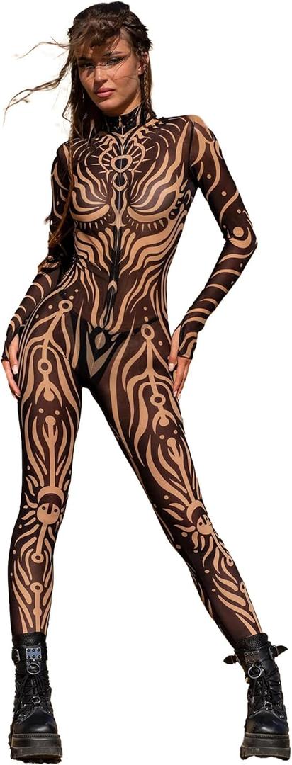 Women's Full Body Bodysuit with Tribal Tattoo Print Stretch Jumpsuit for Roleplay Festival Rave Halloween (Large)
