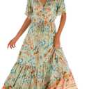 R.Vivimos Womens Summer Cotton Short Sleeve V Neck Floral Print Casual Bohemian Midi Dresses (Medium)