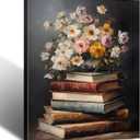 Moody Flower Books Canvas Wall Art, Framed Wall Art Vintage Floral Books Still Life Pictures Rustic Antique Prints Dark Academia Floral Artwork for Bedroom Living Room Decor (12x16inch)