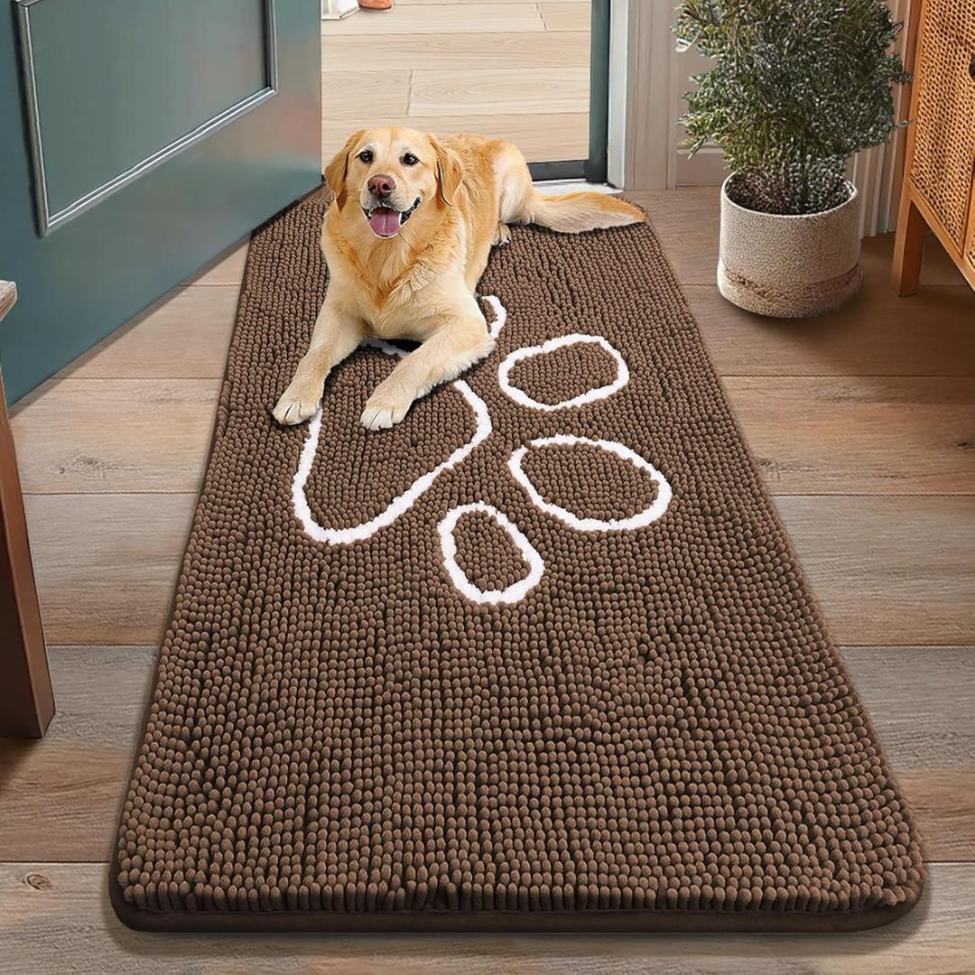Smiry Dog Door Mat for Muddy Paws, Absorbent Dirt Trapper Non Slip Quick Dry Washable Chenille Mat for Mud Dogs, Entry Rug for Indoor and Outdoor (48x30 Inches, Coffee and White)