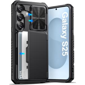 ATATOO for Samsung Galaxy S25 Case Wallet, Built-in Card Holder (3-5 Cards) [RFID Blocking] & Slide Camera Cover, Military Grade Protection, Rugged Silicone Phone Case for Galaxy S25 6.2" 2025, Black