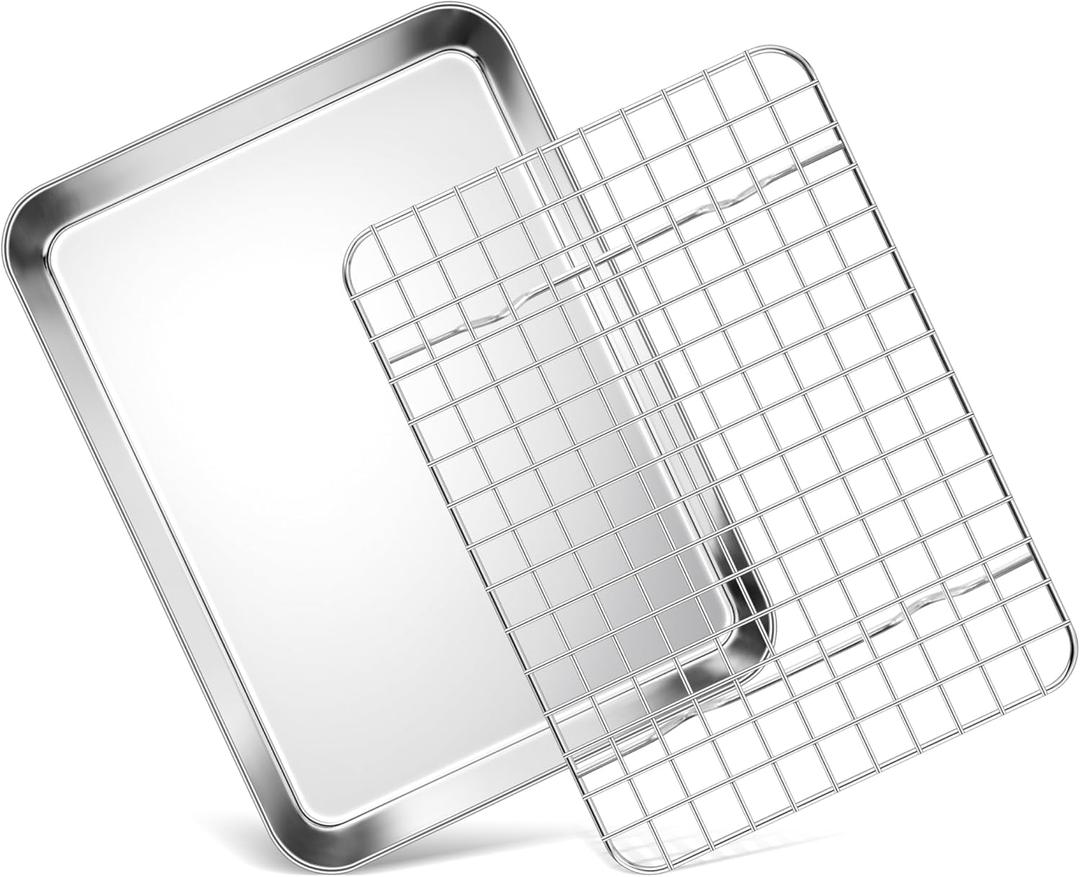 Toaster Oven Pan with Rack Set (1 Pan+1 Rack), Homikit 9 x 7 Inch Small Baking Sheet with Wire Rack, Stainless Steel Cookie Sheets for Baking, Cookie Bacon Tray with Cooling Rack, Dishwasher Safe