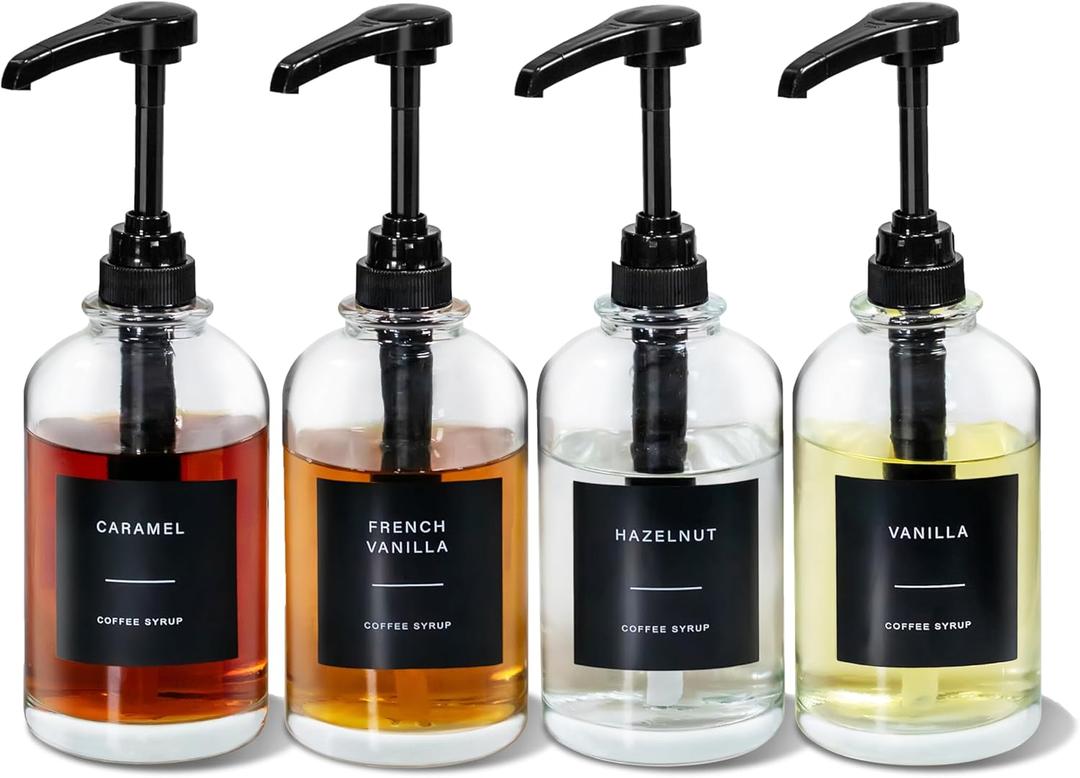 Coffee Syrup Dispenser for Coffee Bar, with 1/4oz Large Capacity Pump, Glass Syrup Pump Dispenser Bottle for Coffee Station, Coffee Bar Organizer, Black,16.9oz