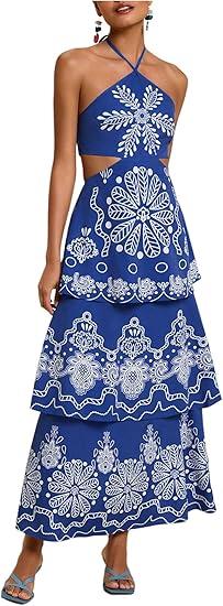 SHENHE Women's Summer Floral Tiered Maxi Dress Tie Halter Backless Flowy Boho Sundress (Blue and White)