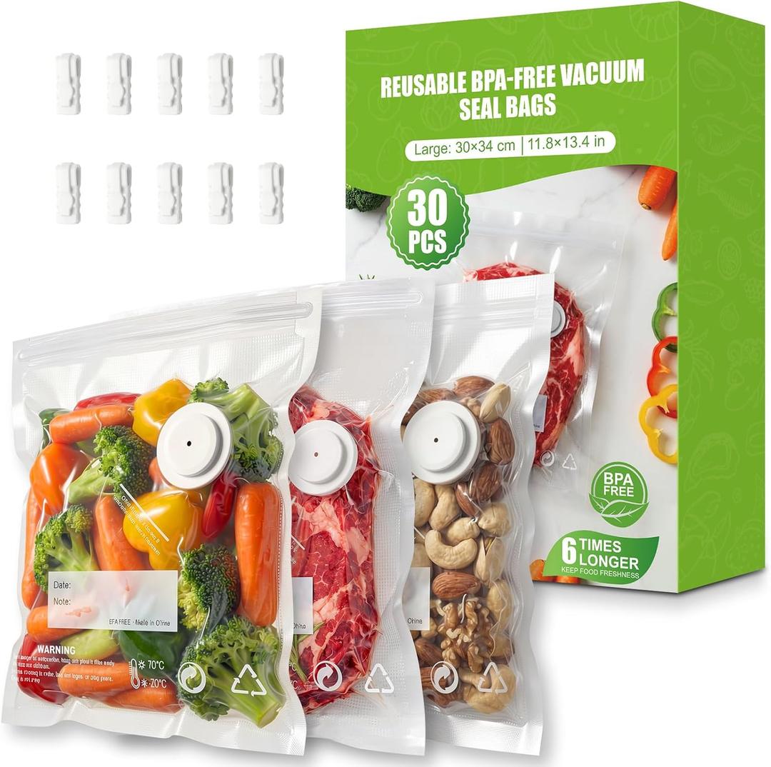 RIWUSI 30PCS Reusable Vacuum Sealer Bags for Food with Air Valve & 10 Seal Clips Large (11.8 x 13.3 in), BPA Free Food Storage Bags, Lock in Food Freshness for Freezer, Microwave, Sous Vide Cooking