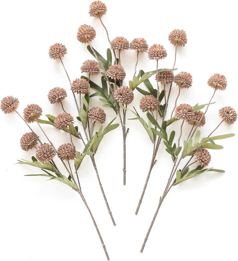 Floroom 5pcs Faux Silk Pompon Mum Artificial Flowers, Bulk Fake Mini Chrysanthemums with Stems for DIY Bouquet Centerpieces Wedding Fillers Arrangements Shower Decorations, Light Taupe