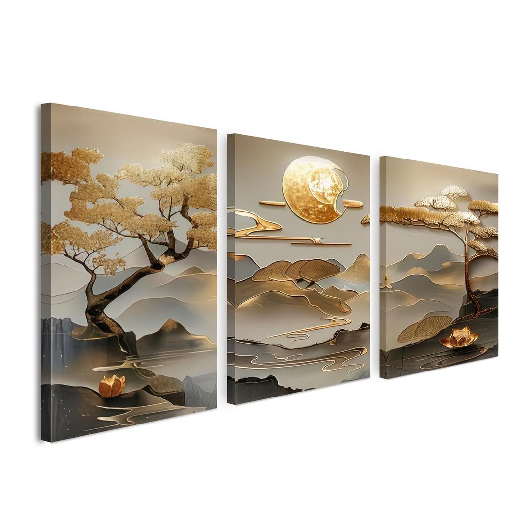 3 Piece Wall Art 16 x 20 Inches, Framed Canvas Set, Abstract Moon Landscape Wall Decor for Living Room Bedroom Office Hallway, Modern Farmhouse Wall Art Pictures, Ready to Hang with Velcro & Pre-Installed Hooks