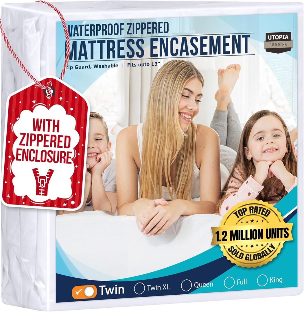Utopia Bedding Twin Mattress Protector Zippered, 100% Waterproof Bed Bug and Dust Mite Proof Mattress Encasement, Absorbent 6 Sided Mattress Cover