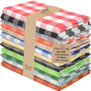 Urban Villa Cloth Napkins Set of 12 20x20 Inches 100% Cotton Napkins Cloth Washable Durable Reusable Absorbent Table Dinner Napkins Cloth for Hotel Lunch Restaurant Weddings Parties Multi Checks