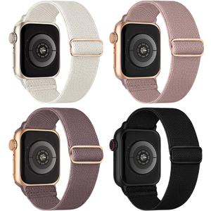4 Pack Stretchy Solo Loop Compatible with Apple Watch Bands 38mm 40mm 41mm 42mm 44mm 45mm 46mm 49mm Women Men, Sport Nylon Elastic Straps Wristbands for iWatch Series 11 10 9 8 7 6 5 4 11 Ultra/SE 3 2 (Black/Pink/SmokePurple/Starlight)