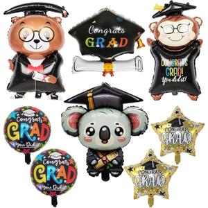 8 Pcs Graduation Balloons Class of 2025 Congrats Grad Mylar Party Decorations Cap Bear Monkey Koala Foil Balloons for Kindergarten College Graduation Party Supplies