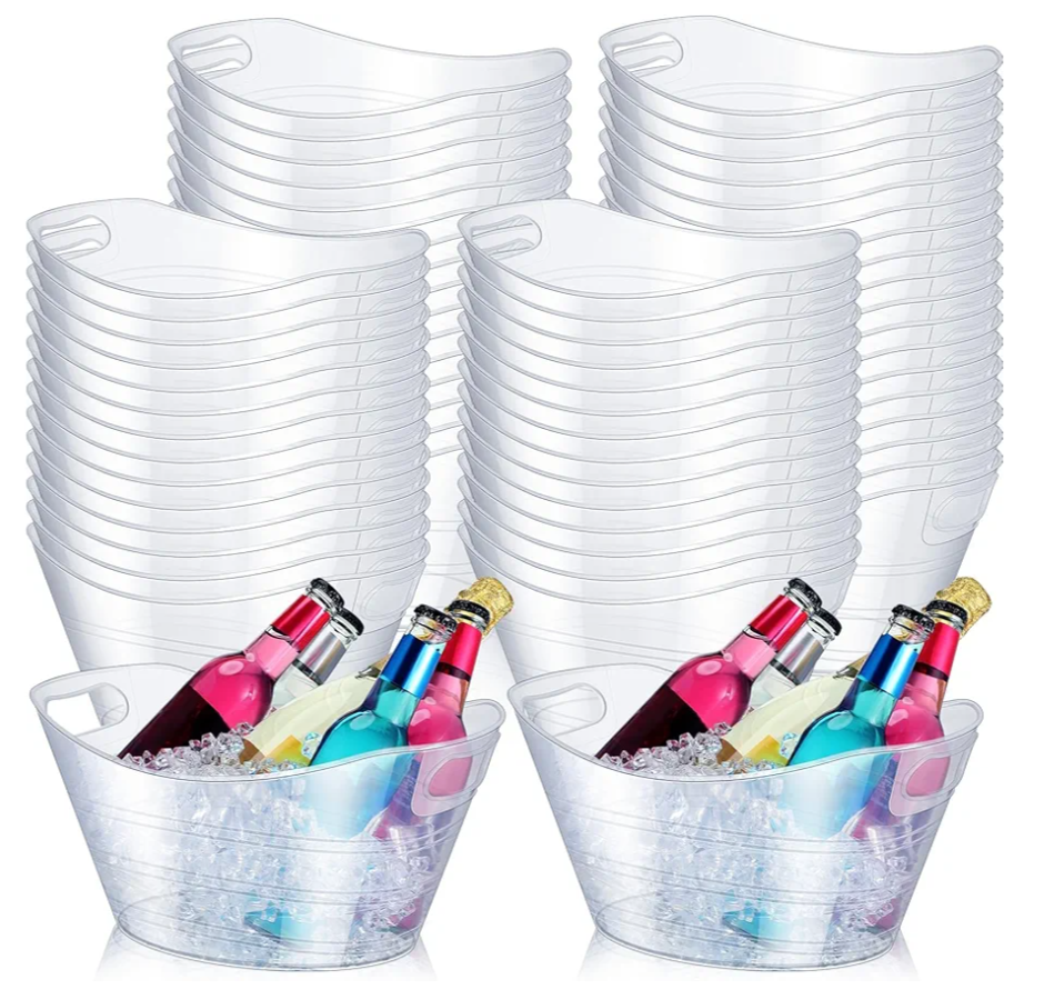 Norme 64 Pcs Oval Storage Tub with Handles, 4.5L Plastic Clear Ice Bucket Wine Beer Champagne Bottle Drink Cooler Tub for Christmas Parties Beverage, Storage Basket Gift
