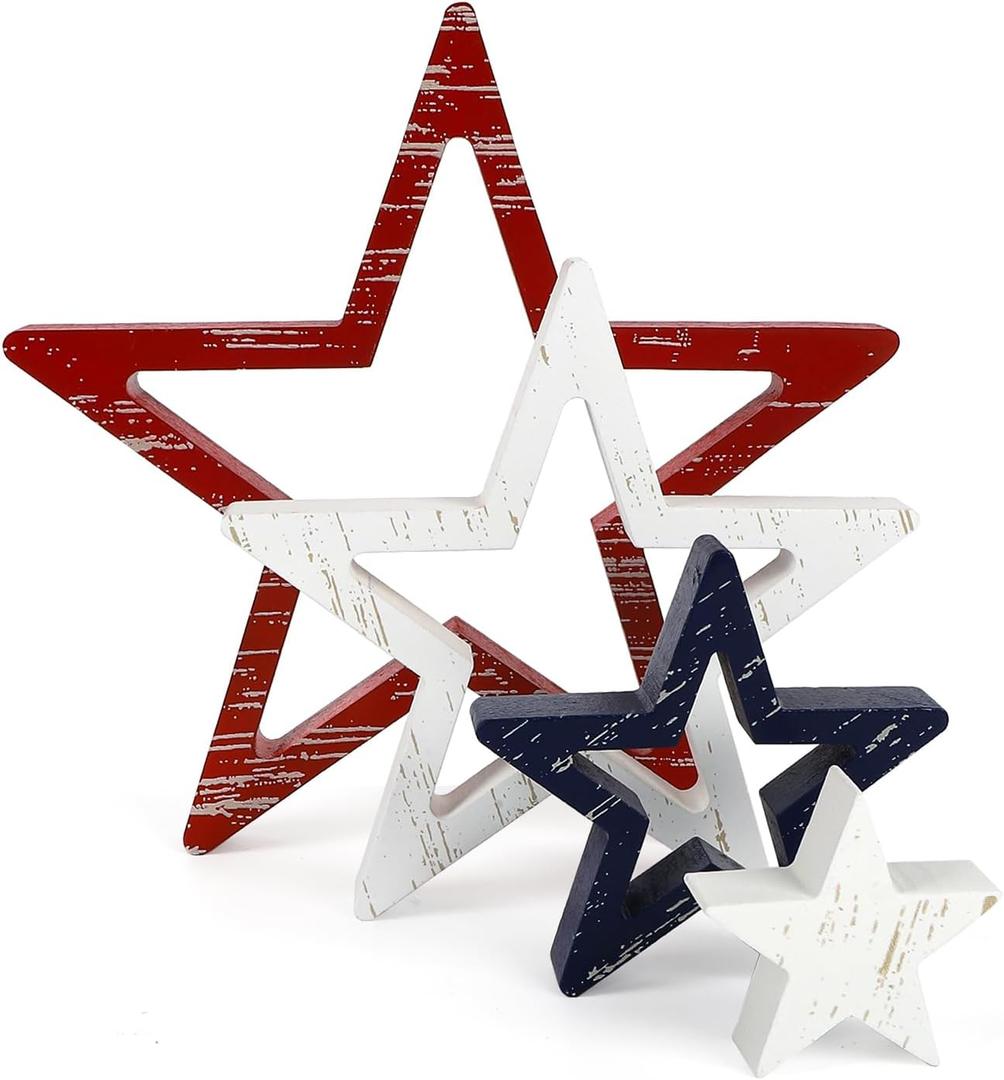 COCHIE 4th of July Decorations Stars Set of 4, Red White Blue Decor, Patriotic Memorial Day Star Tiered Tray Decor, Labor Day Fourth of July Decoration for Home Office Table Shelf (Retro Solid)