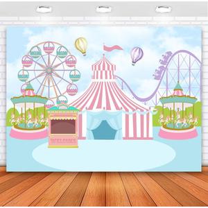Sensfun Pink Circus Tent Birthday Backdrop Pastel Blue Carnival Carousel Photography Background Hot Air Balloon Princess Girl Newborn Baby Shower Decorations Photo Booth Banner 7x5ft