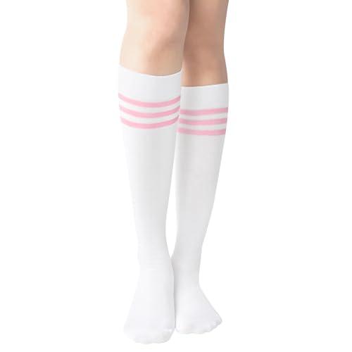 Nirohee Slouch Scrunch Socks Women, White Slouchy Socks With Pink Three Striped for Women Girls,Mothers Day Gifts for Mom Wife Daughter,Long Sock High Boot Knit Sock, 5 Pack