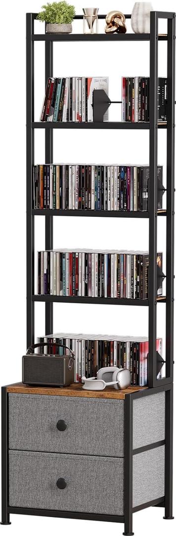  Epouseter CD Storage Rack with Drawer, 5-Tier DVD Organizer Shelf w/Adjustable Book Stoppers, Media Storage Rack for CD/DVD, Books & Games, Ideal for Living Room & Home Office 15.7x11.8x56.5Inches (Black)