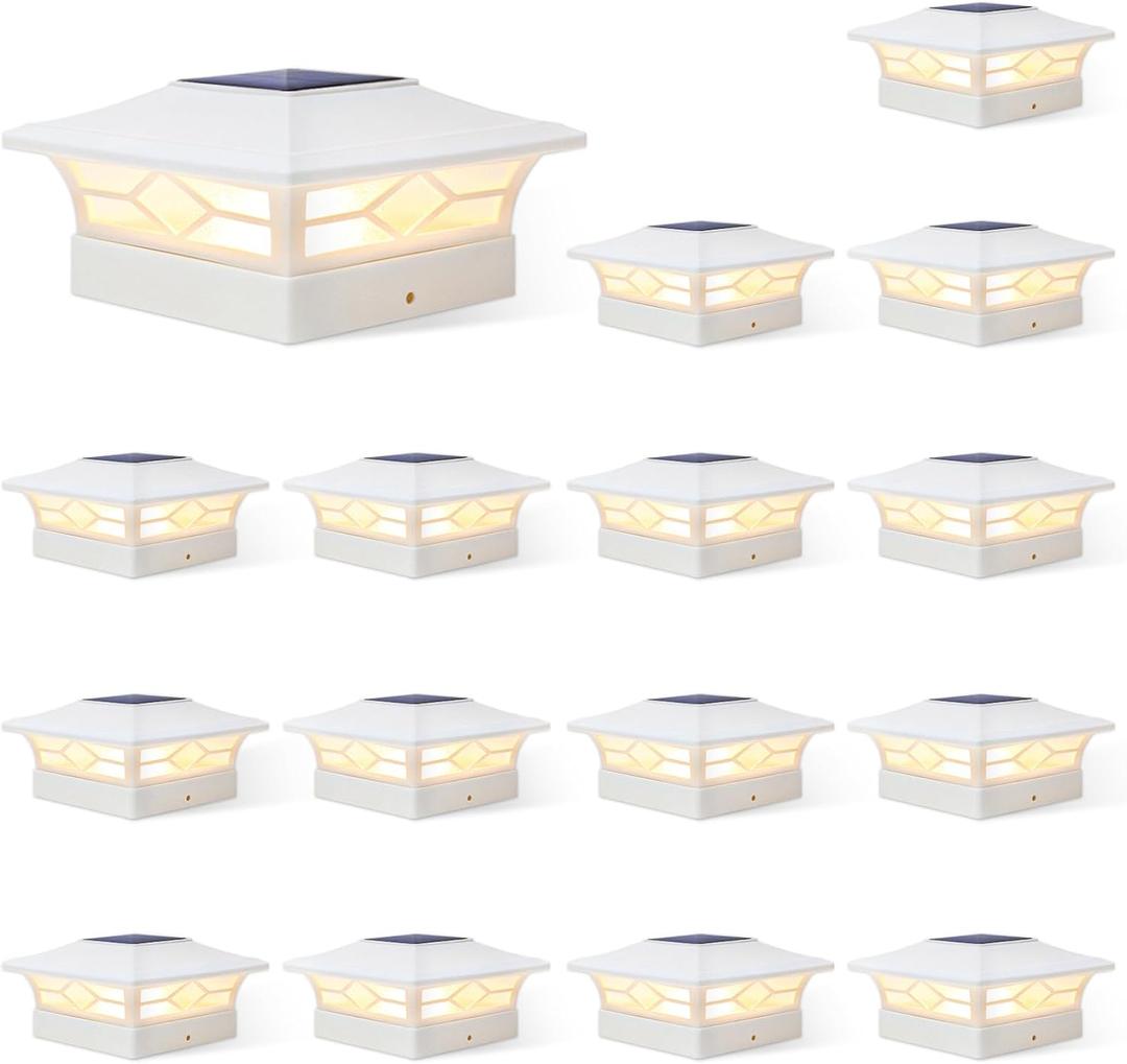 JOFIOS Solar Fence Post Lights, Cap Lights for 4x4/5x5 Vinyl Fence and 4x4/6x6 Wooden Post, Warm White/Cool White Lighting, White Solar Cap Outdoor Waterproof Decorate Garden Pathway Deck Patio (16pack)