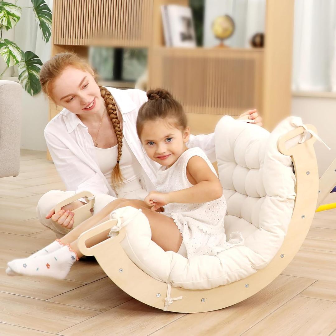 2 in 1 Montessori Climbing Arch for Toddlers,Rainbow Wooden Climbing Arch Rocker& Cushion,Pillow for Arches，Climbing Triangle Ramp,Montessori Climbing Gym for Kids 0-8