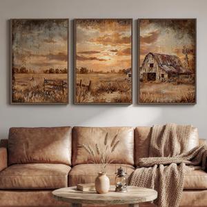 Large Farmhouse Landscape Wall Art for Living Room, Set of 3 20x30 In, Brown