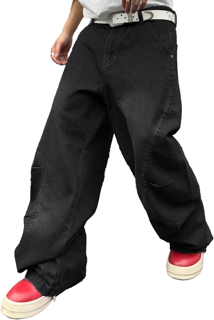 Men's Irregular Sutures Y2k Hip Hop Baggy Jeans Wide Leg Denim Pants Casual Loose Fit Trousers Streetwear (A10 Black)