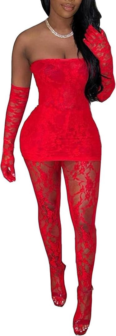 Mojessy 2 Piece Outfits for Women Sexy Lace Tube Mini Dress Top with Stockings Legging Set Birthday Outfits (XX-Large, Red)