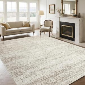 Washable Rugs 9x12 Area Rugs for Living Room,Rugs for Bedroom, Large Carpets,Ultra Soft Faux Wool Retro Dining Room Rug,Non Slip&Non-Shedding Low Pile Vintage Print Rug Indoor for Home Office (Beige-ivory-cream-brown-camel)
