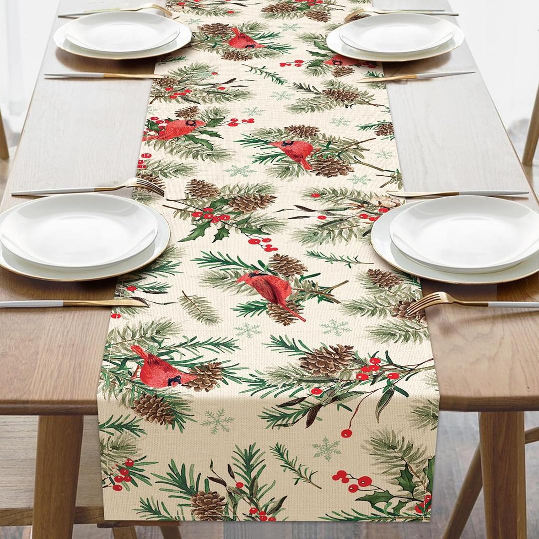 Winter Cardinal Red Birds Dining Table Runner, Pine Cone Needle Branches Holly Berry Snowflake Burlap Kitchen Decoration, Christmas Seasonal Indoor Outdoor Home Decor Party Supply 13 x 72 Inches