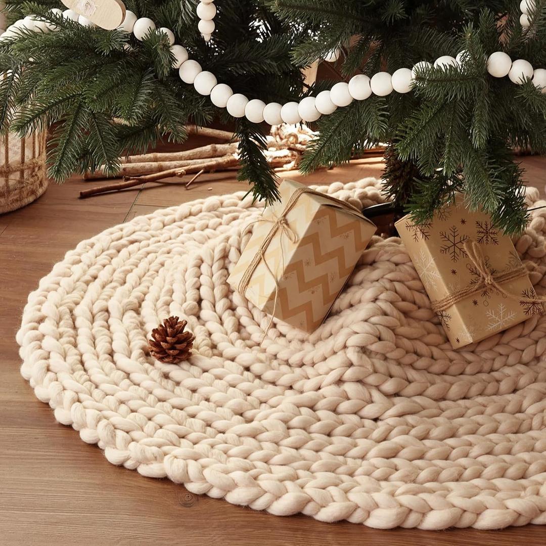 36 inch Christmas Tree Skirt: Chunky Knit Tree Skirt for 6ft Tree, Crochet Beige Small Tree Skirt, Vintage Tree Skirts, Rustic Farmhouse Christmas Decorations