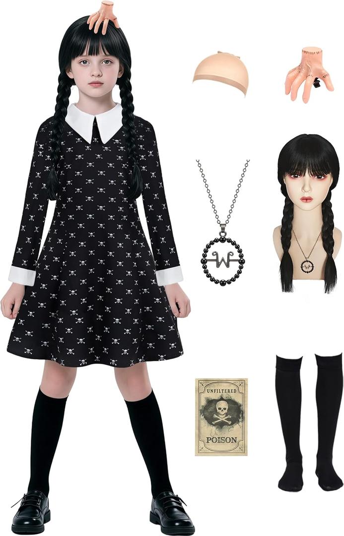 Kids Halloween Costume Girls Black Dress Cosplay with Wig Socks Necklace Hairpin (160 (13-14 Years))