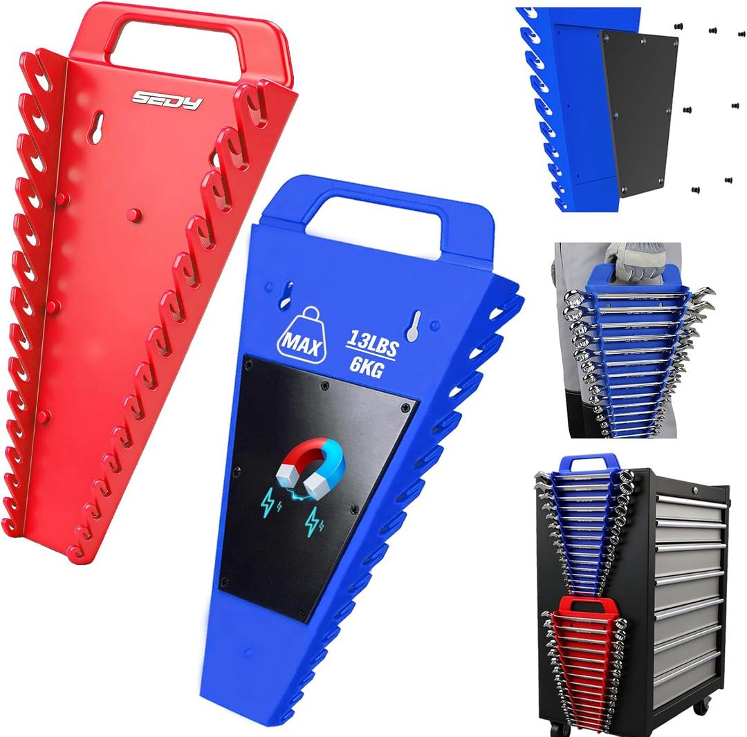 2-Pack Magnetic Wrench Organizer with Non-Slip Handle, 24-Slot Heavy-Duty Wrench Rack Holders for Toolbox & Drawer Storage, Fits SAE 1/4"-1-1/16" and Metric 6mm-24mm Wrenches