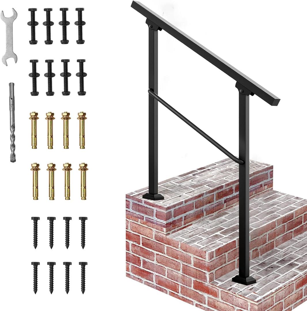 Signstek Handrails for Outdoor Steps, 3 Step Hand Rail Fit 2 or 3 Steps Outdoor Stair Railing, Metal Porch Railing, Deck Handrail, Black Wrought Iron Hand Rails kit for Concrete, Porch Steps, Upgrade